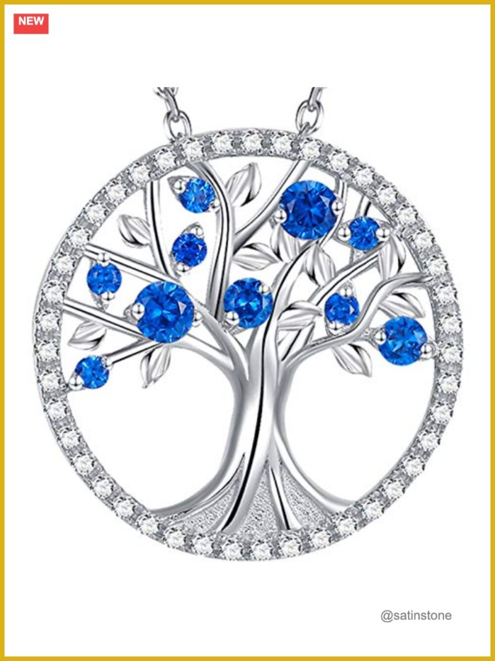 Tree of Life Necklace 925 Sterling Silver 18K White Gold Plated Sapphire